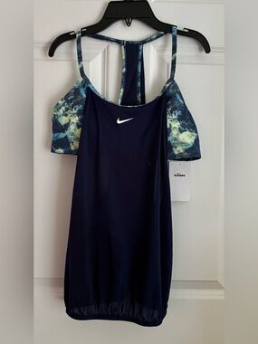 Nike Navy Racerback Tank with Blue-Green Printed Trim